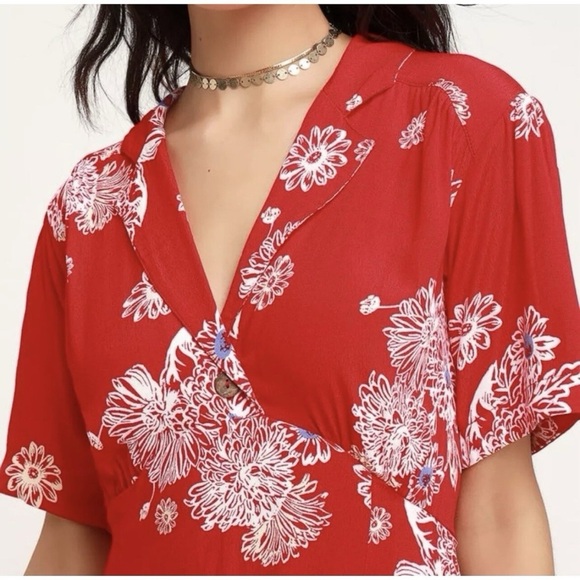 Free People Blue Hawaii Red Floral Print Mini Dress Size Small Bohemian - Picture 2 of 9